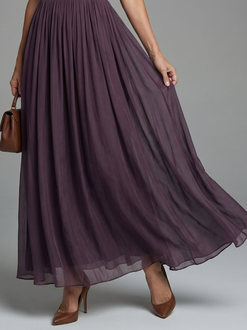 Women's Pleated Waist Maxi Dress - Sheer Sleeves For Elegant Occasion Wear