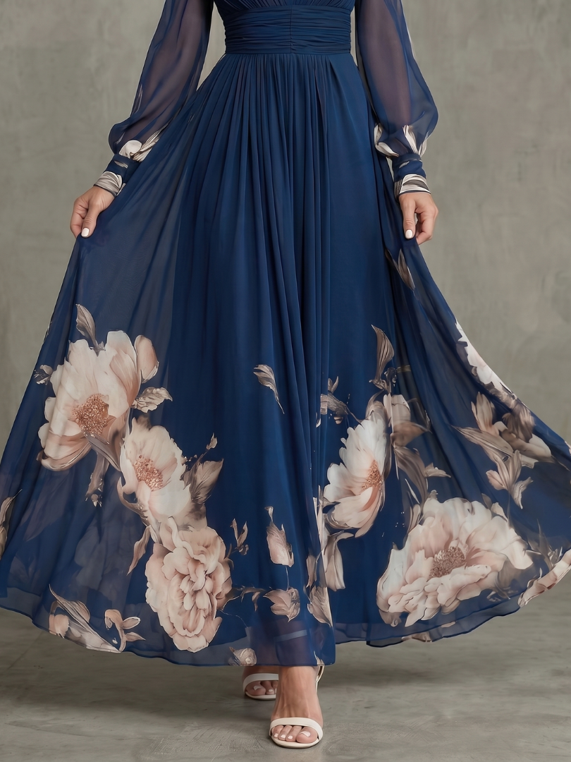 Women's Printed Maxi Dress - Sheer Sleeves And Plunge Neck For Elegant Occasion Wear