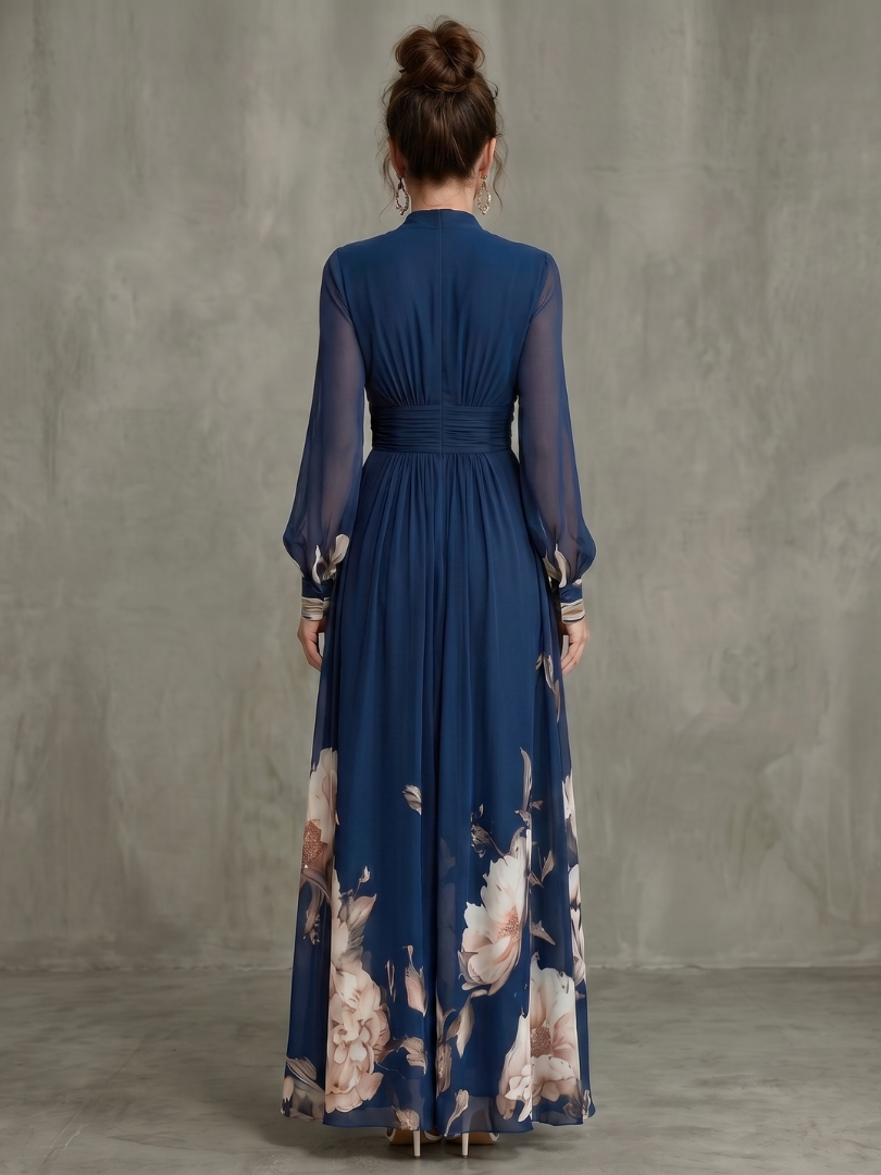 Women's Printed Maxi Dress - Sheer Sleeves And Plunge Neck For Elegant Occasion Wear