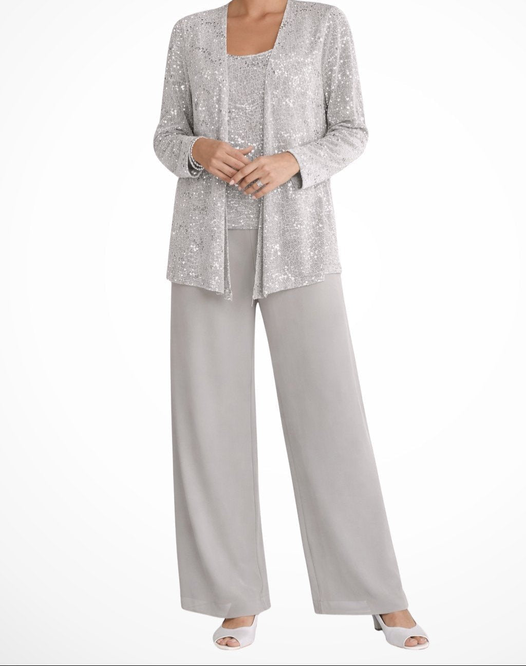 Women's 3-piece Set With Sequined Jacket, Top, And Palazzo Pants – An Elegant Outfit For Weddings, Parties, And Special Occasions