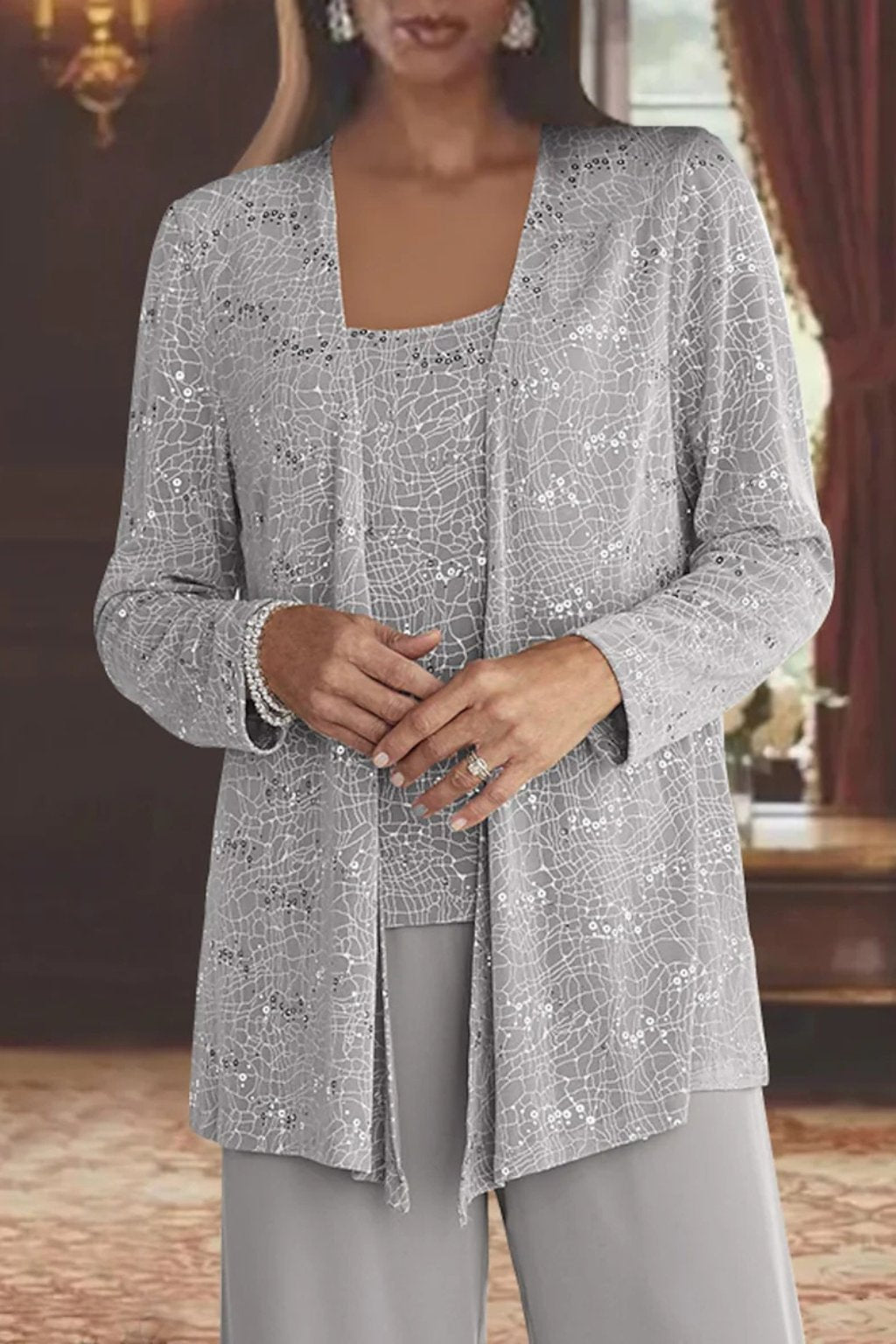 Women's 3-piece Set With Sequined Jacket, Top, And Palazzo Pants – An Elegant Outfit For Weddings, Parties, And Special Occasions