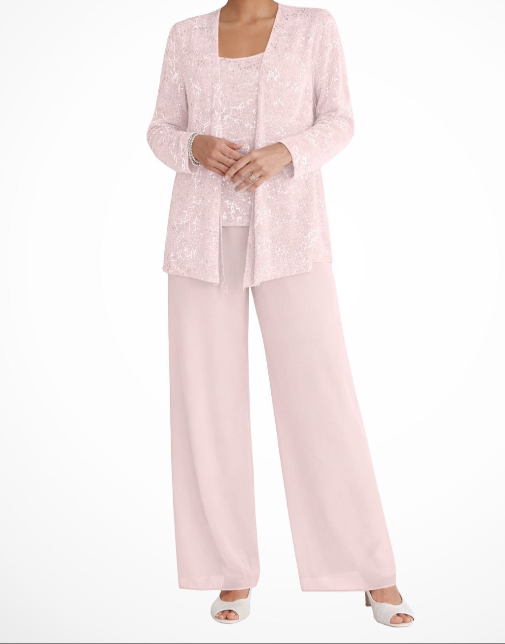 Women's 3-piece Set With Sequined Jacket, Top, And Palazzo Pants – An Elegant Outfit For Weddings, Parties, And Special Occasions