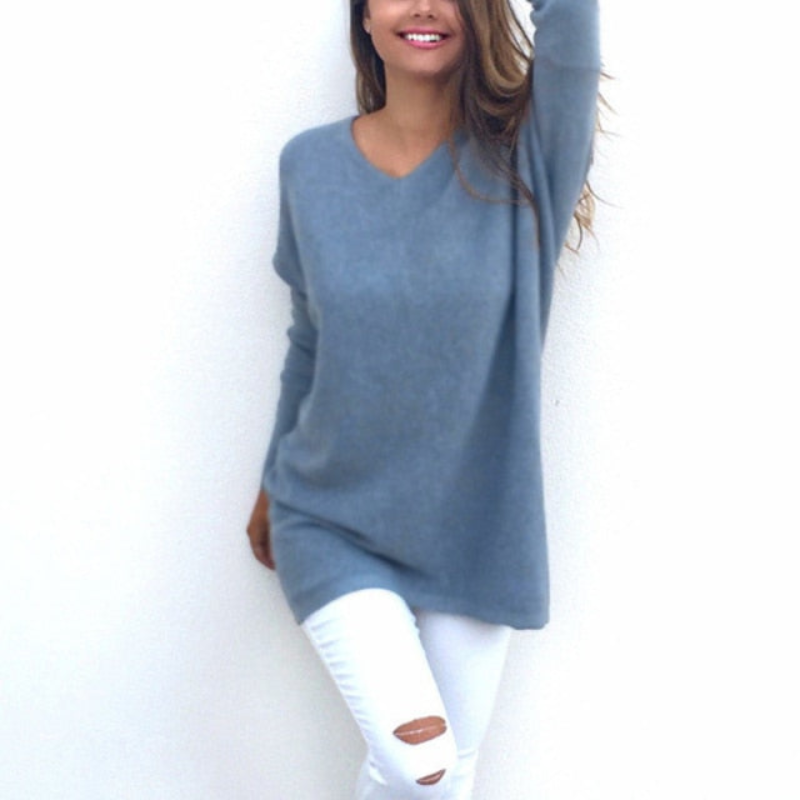 Amelia - Long Women's Jumper with V-Neck, Elegant and Versatile