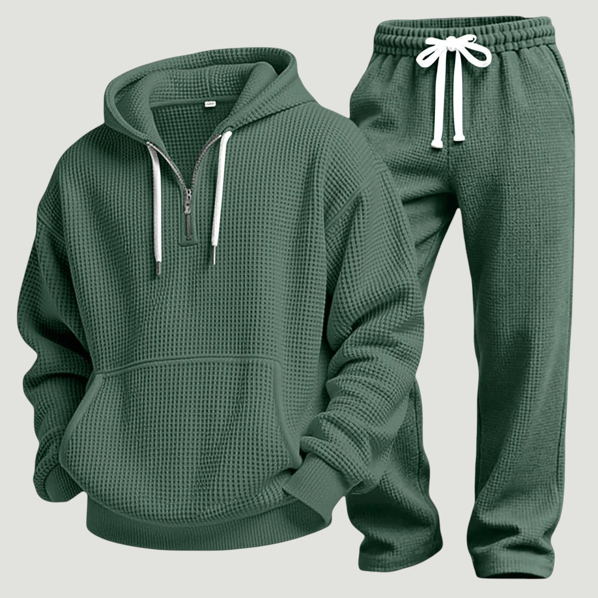 Men's Waffle-knit Tracksuit With A Half-zip Hoodie And Joggers – A Casual Set For Travel, Leisure, And Relaxation
