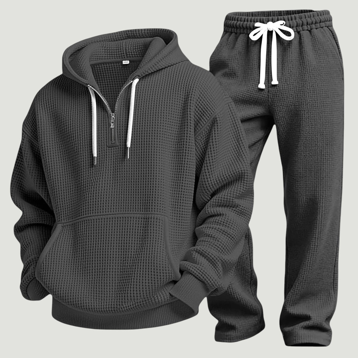 Men's Waffle-knit Tracksuit With A Half-zip Hoodie And Joggers – A Casual Set For Travel, Leisure, And Relaxation