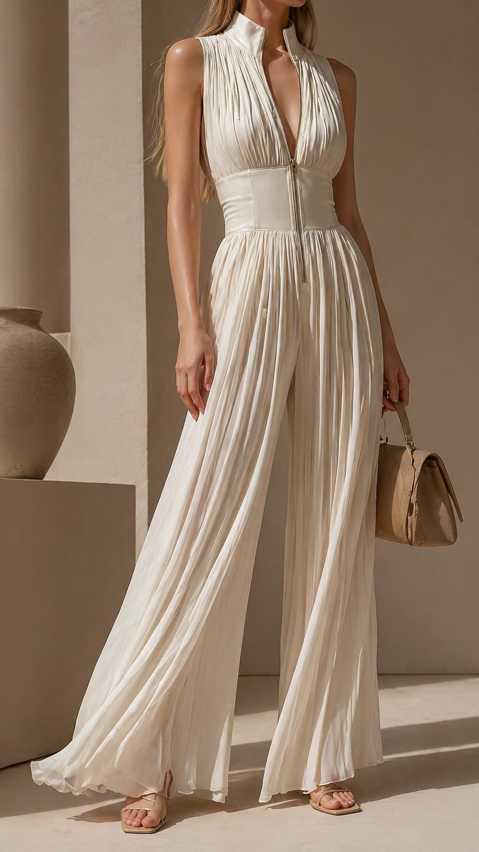 Women's Pleated Jumpsuit With Wide Legs And No Sleeves – An Elegant Outfit For Weddings, Parties, And Evening Wear