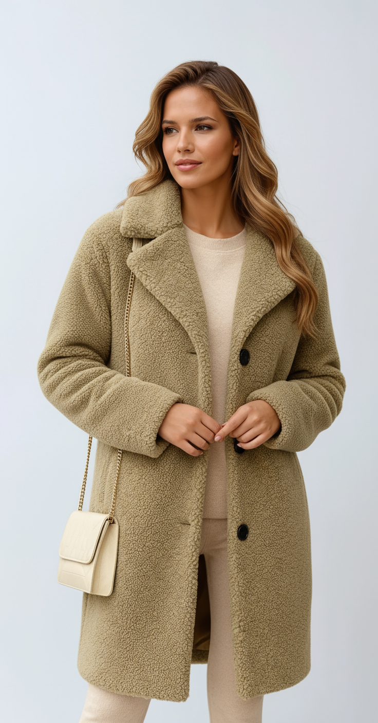 Nicolina - Long Fleece Coat with Buttons, Warm Winter Coat for Women