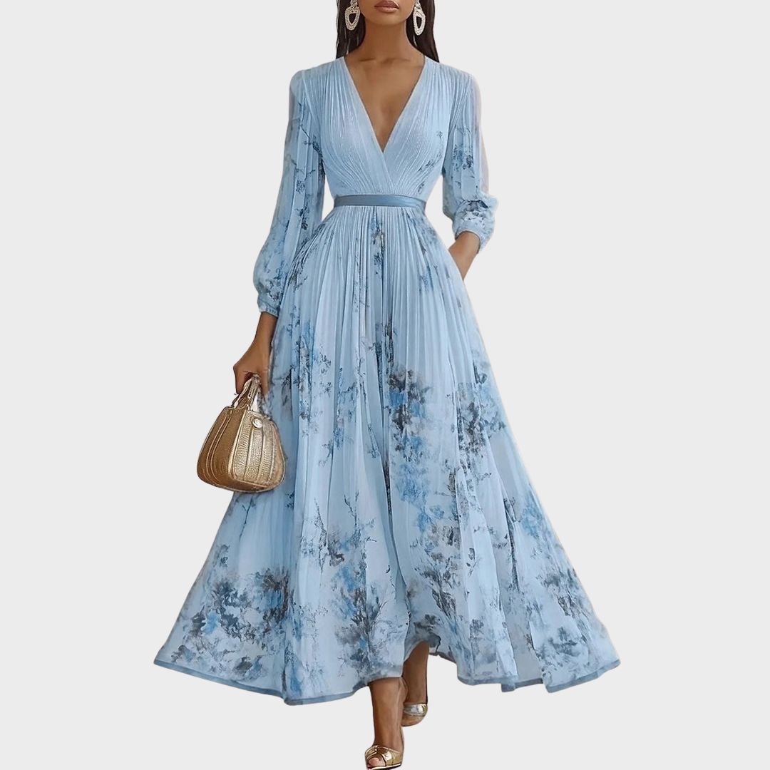 Women's Pleated Maxi Dress With A Deep V-neck And Print – An Elegant Dress For Parties, Weddings, And Special Occasions
