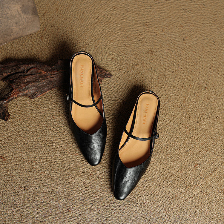 Luna | Women Elegant Leather Pointed-Toe Mule Flats
