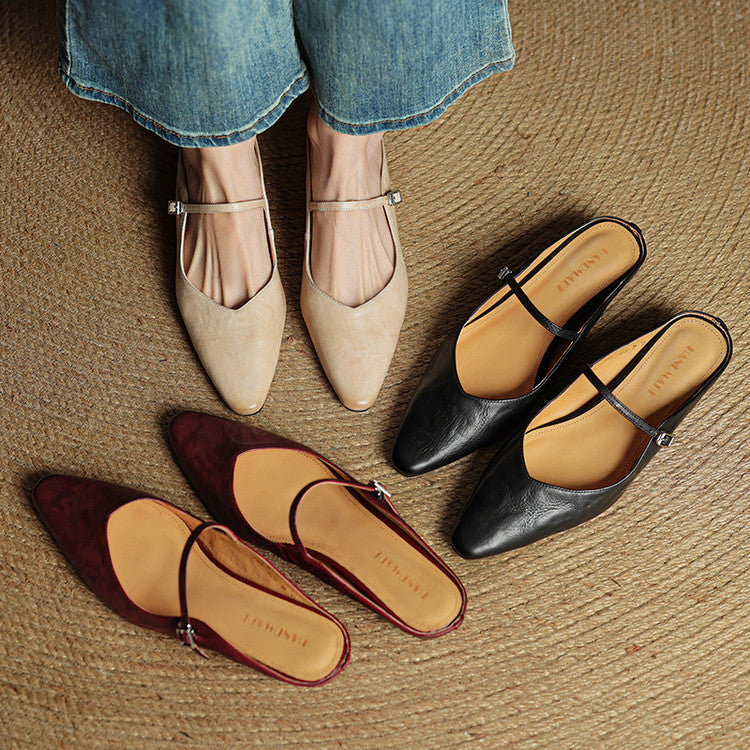 Luna | Women Elegant Leather Pointed-Toe Mule Flats