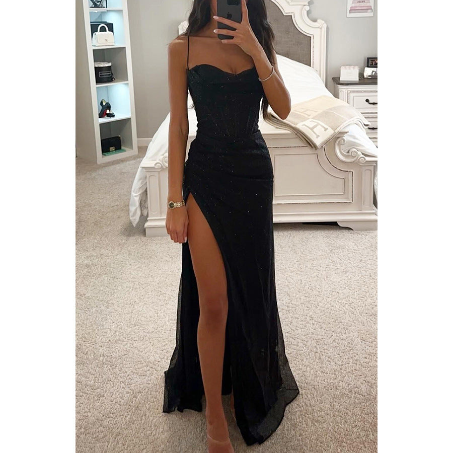 Women's Sparkly Maxi Dress With A Slit – Elegant Evening Gown For Parties, Weddings, Galas, And Special Occasions