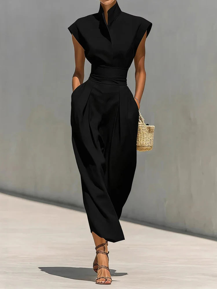 Women's Structured MIDI Dress With A Stand-up Collar And Tailored Fit – An Elegant Dress For The Office, Parties, And Evening Wear