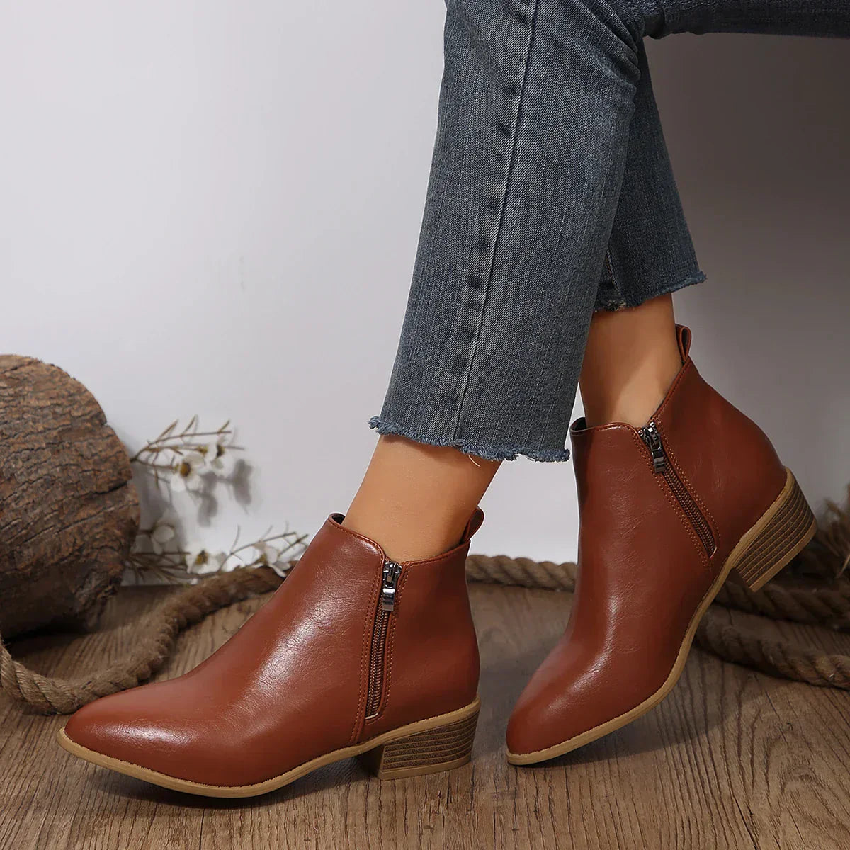 Mila | Women Black Leather Side Zip Low Heel Ankle Boots