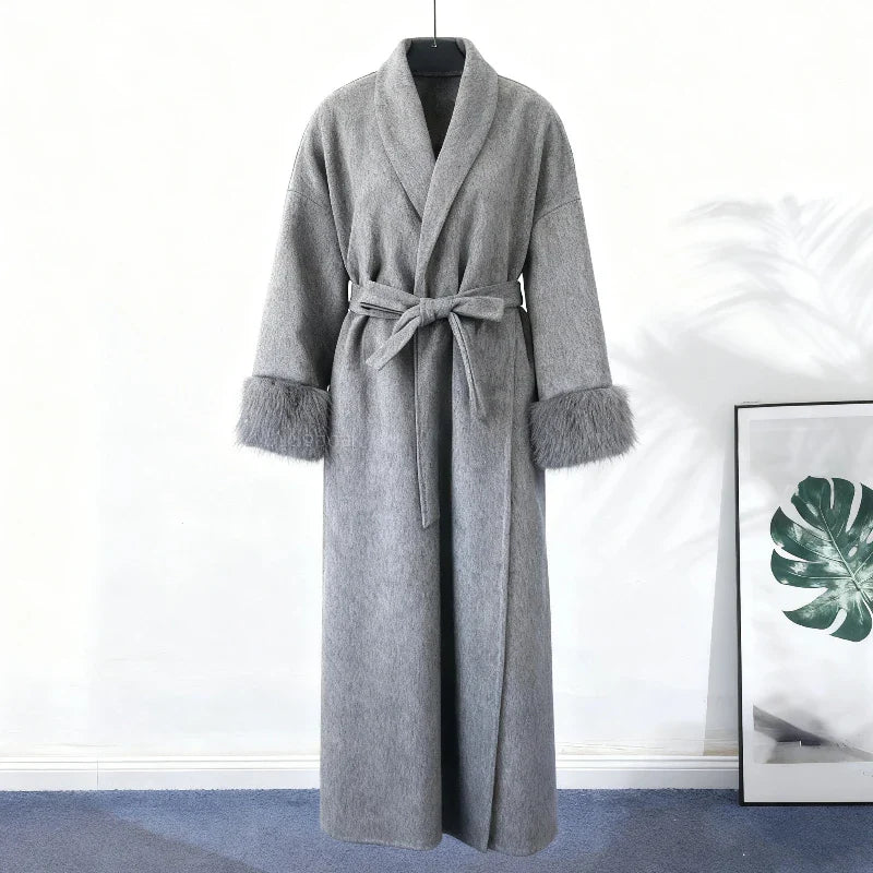 Antonia - Women's Tweed Coat with Belt and Faux Fur