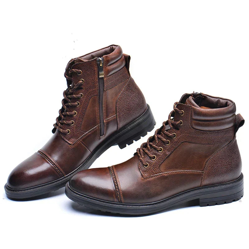 Men's Brown Leather Boots With Laces And A Side Zipper—sturdy, Workwear-style Boots For Everyday Use And Outdoor Activities