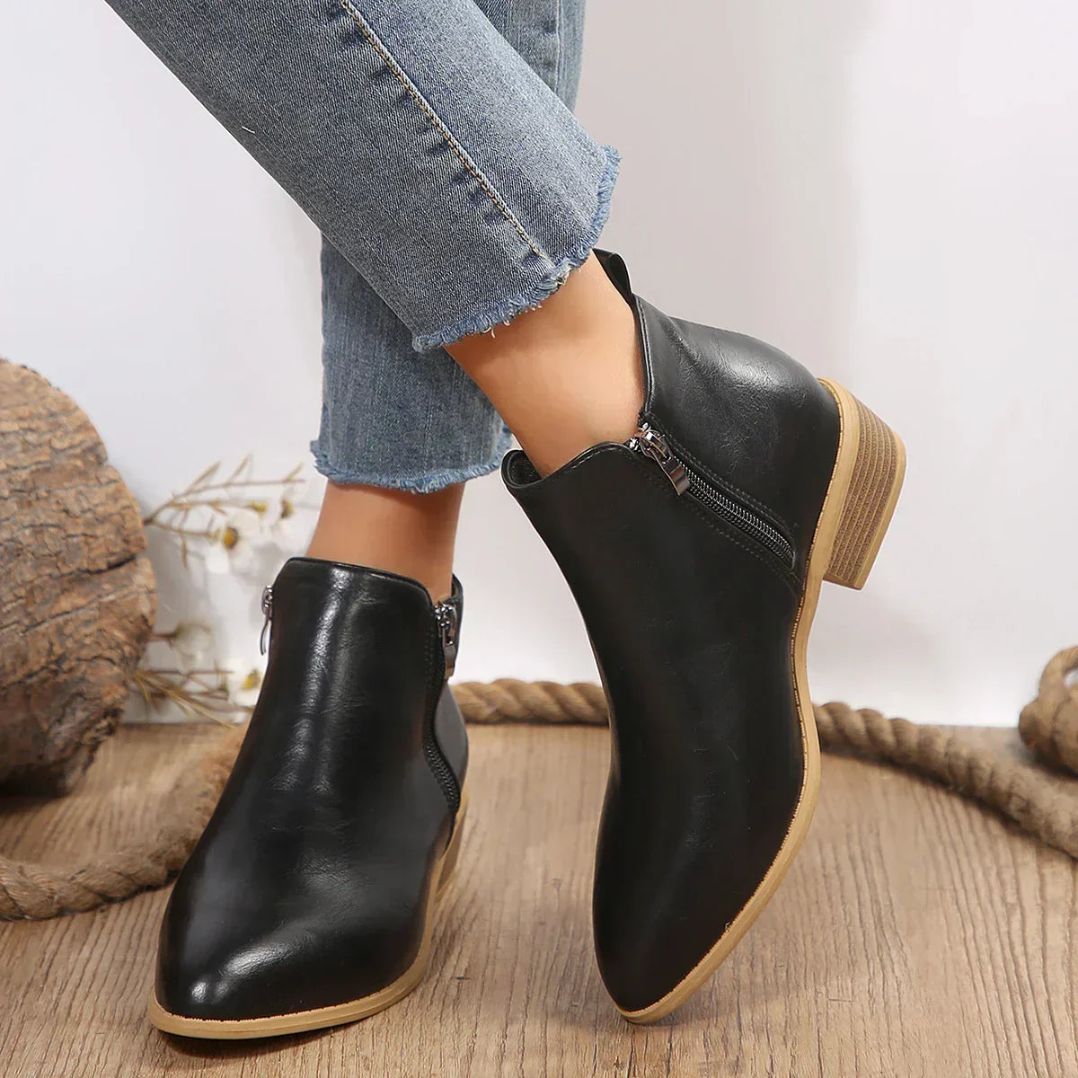 Mila | Women Black Leather Side Zip Low Heel Ankle Boots