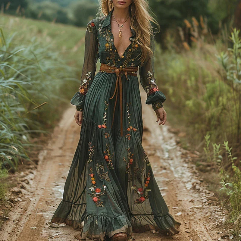 Women's Embroidered Boho Maxi Dress - Sheer Long Sleeves And Flowing Silhouette For Evening Occasion Wear