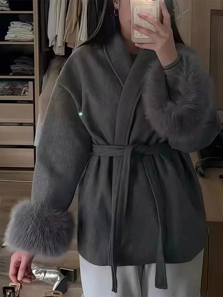 Antonia - Women's Tweed Coat with Belt and Faux Fur