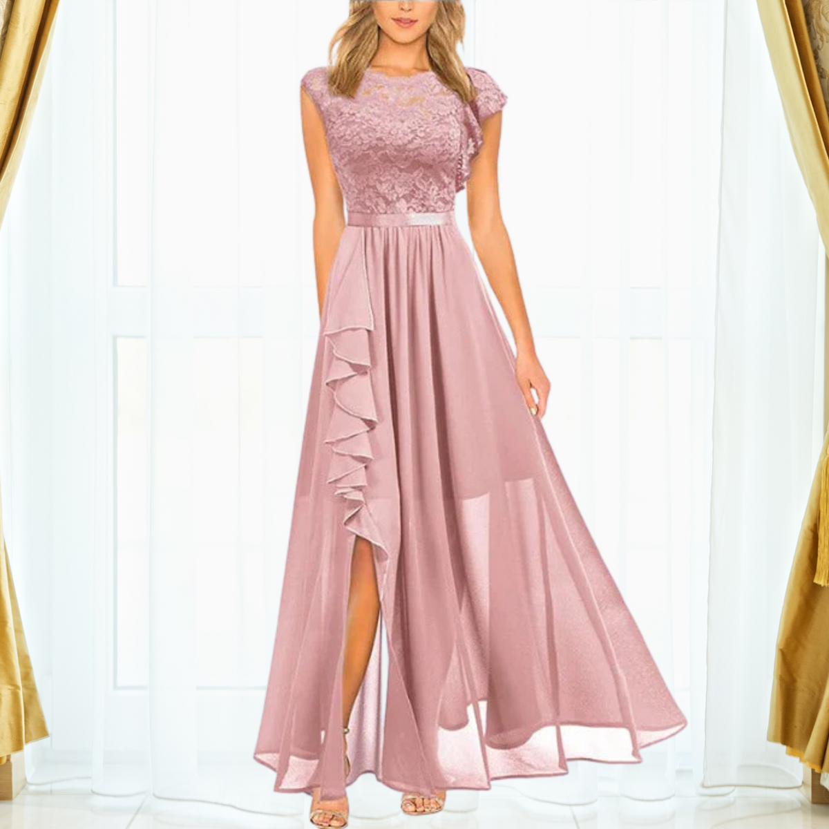 Women's Long Chiffon Dress With Lace And A Slit – An Elegant Maxi Dress For Parties And Special Evening Occasions