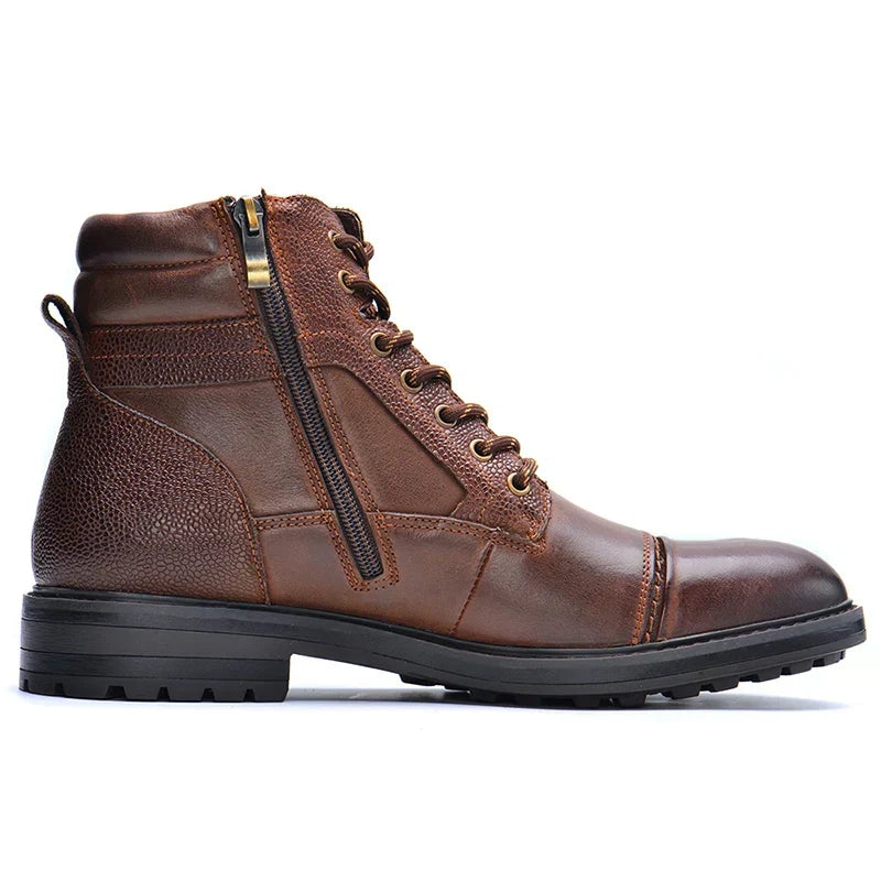 Men's Brown Leather Boots With Laces And A Side Zipper—sturdy, Workwear-style Boots For Everyday Use And Outdoor Activities