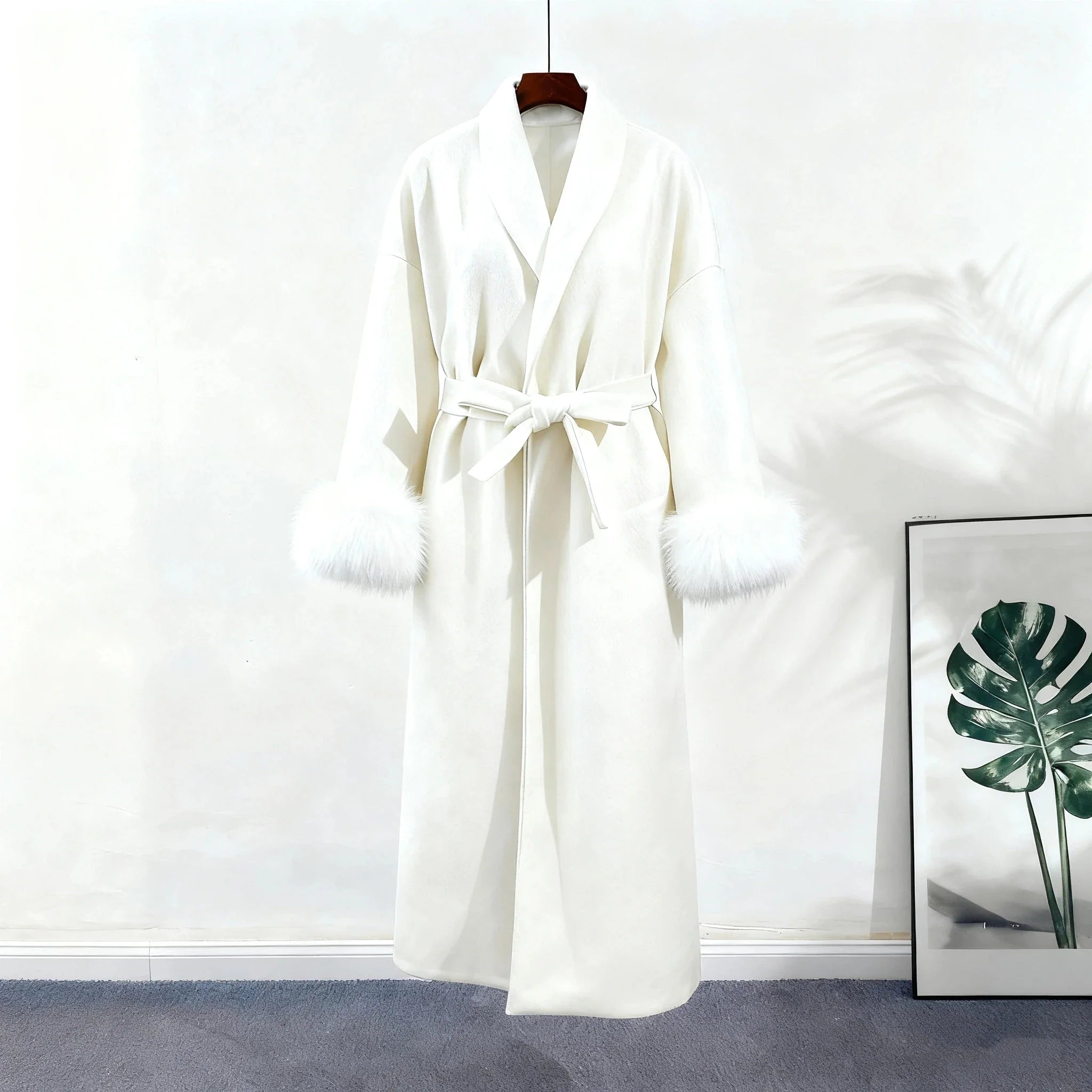 Antonia - Women's Tweed Coat with Belt and Faux Fur