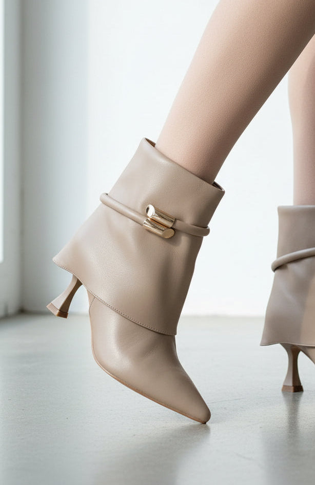 Oriana – Taupe Ankle Boots with Metallic Decoration and Cuff