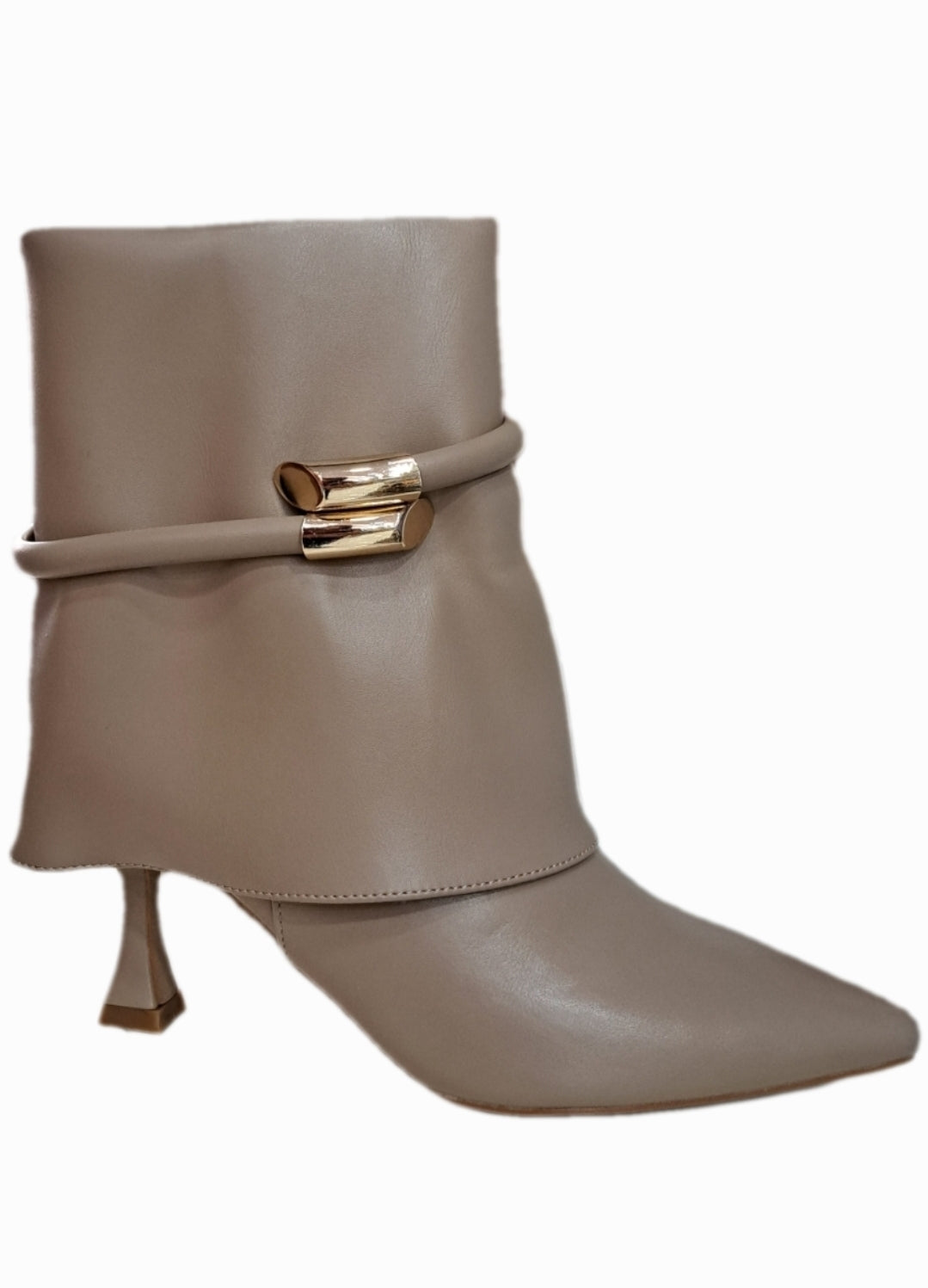 Oriana – Taupe Ankle Boots with Metallic Decoration and Cuff