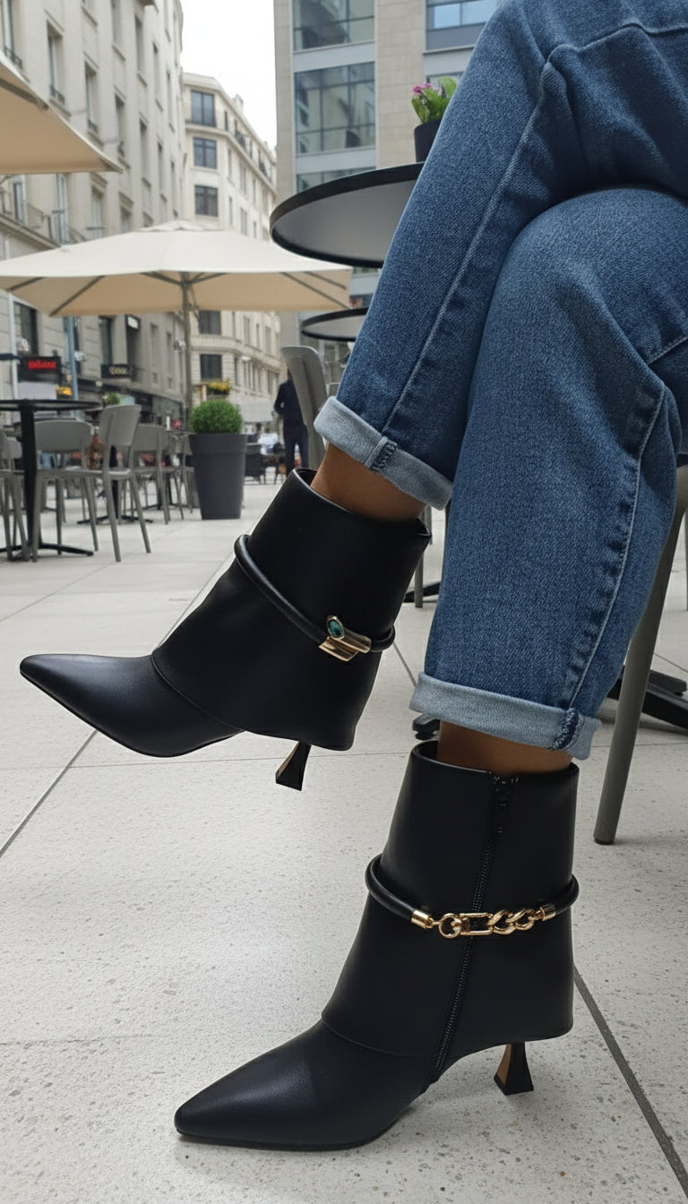 Oriana – Black Ankle Boots with Metallic Decoration and Cuff