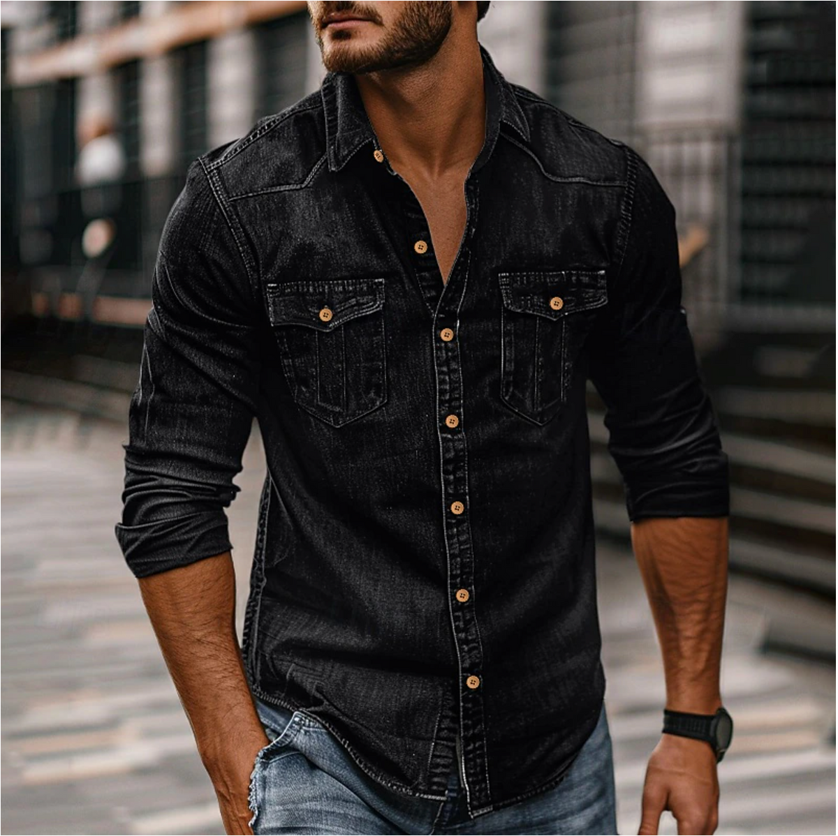 Men's Long-sleeved Denim Shirt With Button Closure And Chest Pockets – A Classic Shirt For Everyday Wear, Leisure, And Casual Style