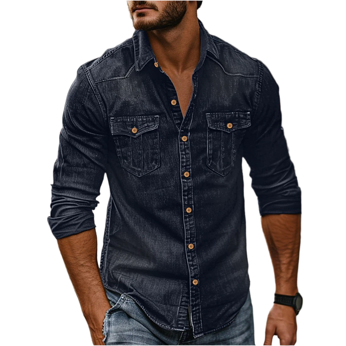 Men's Long-sleeved Denim Shirt With Button Closure And Chest Pockets – A Classic Shirt For Everyday Wear, Leisure, And Casual Style