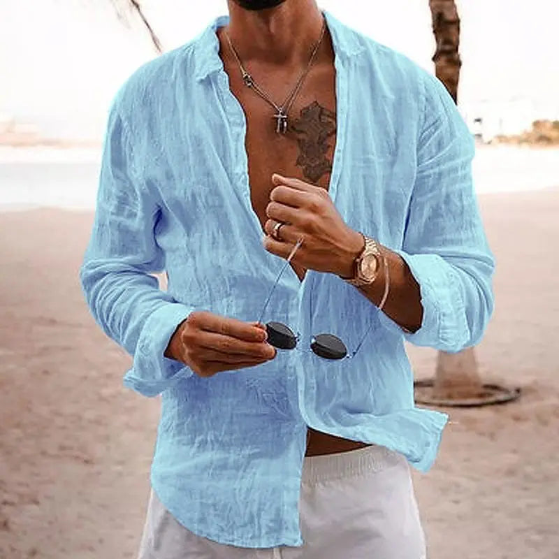 Men's Linen Shirt - Long-sleeve Casual Beach Shirt For Summer And Holiday Wear