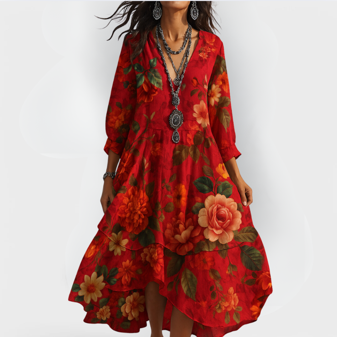 Isla | Women Flowy V Neck Boho Summer Midi Dress