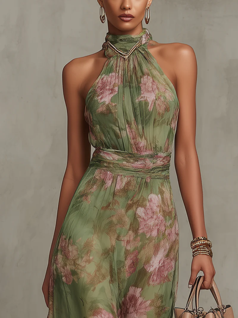 Women's Printed Halterneck Maxi Dress - Flowing Occasion Style For Elegant Summer Wear