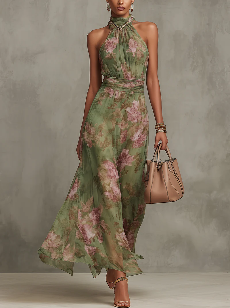 Women's Printed Halterneck Maxi Dress - Flowing Occasion Style For Elegant Summer Wear