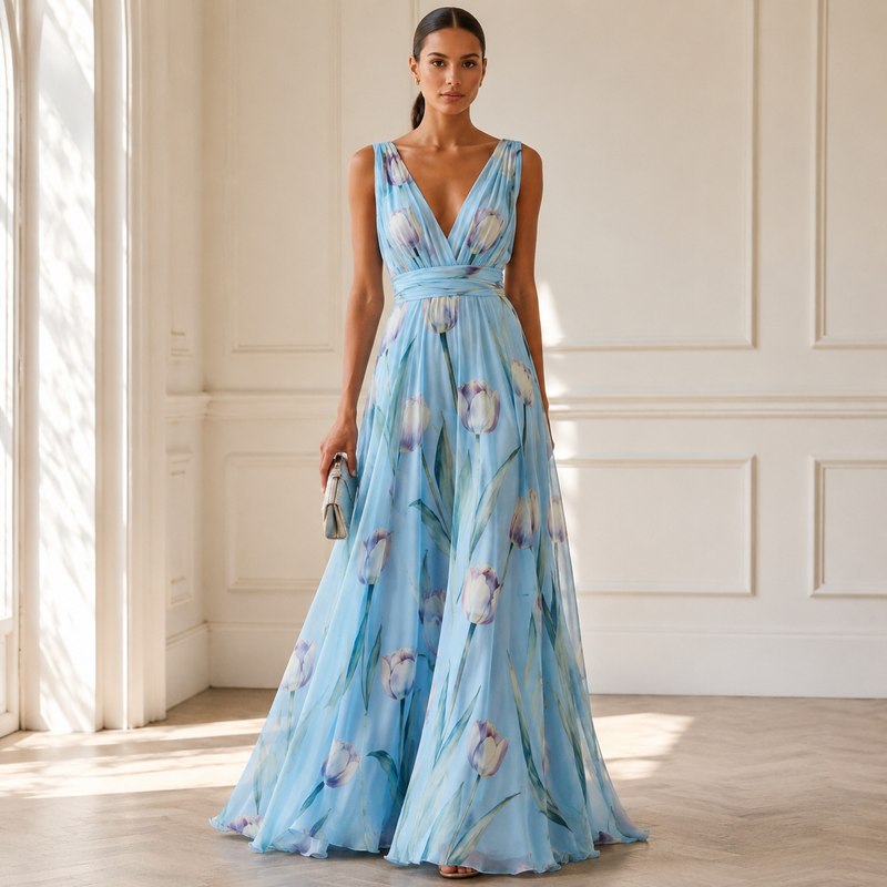 Women's Patterned V-neck Maxi Dress – An Elegant, Figure-flattering Dress For Weddings, Summer Parties, And Special Occasions