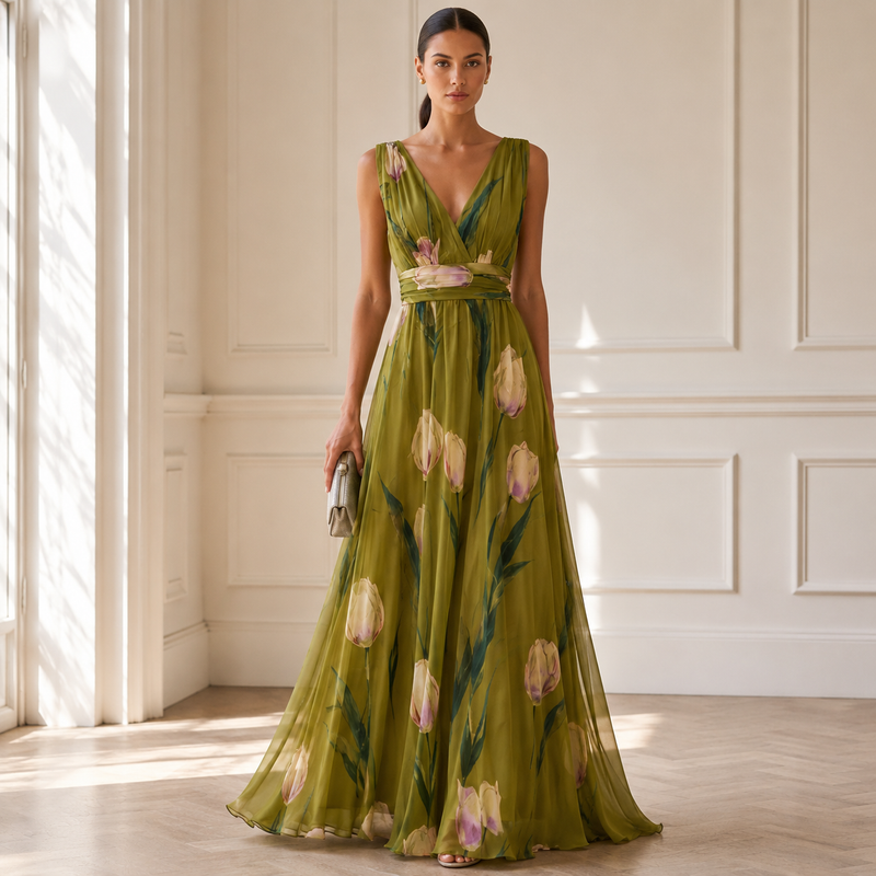Women's Patterned V-neck Maxi Dress – An Elegant, Figure-flattering Dress For Weddings, Summer Parties, And Special Occasions