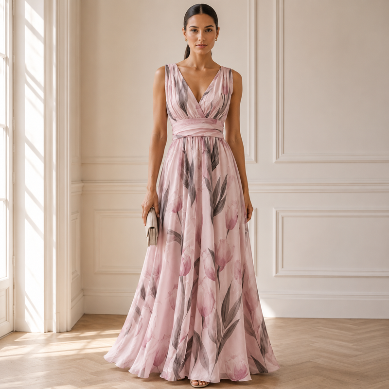 Women's Patterned V-neck Maxi Dress – An Elegant, Figure-flattering Dress For Weddings, Summer Parties, And Special Occasions