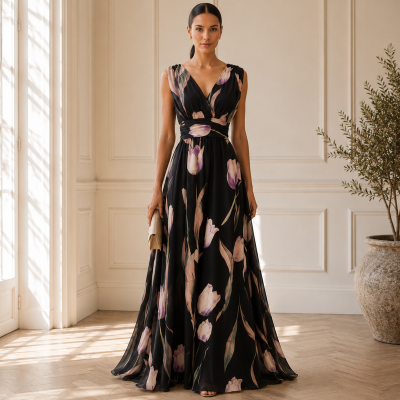 Women's Patterned V-neck Maxi Dress – An Elegant, Figure-flattering Dress For Weddings, Summer Parties, And Special Occasions