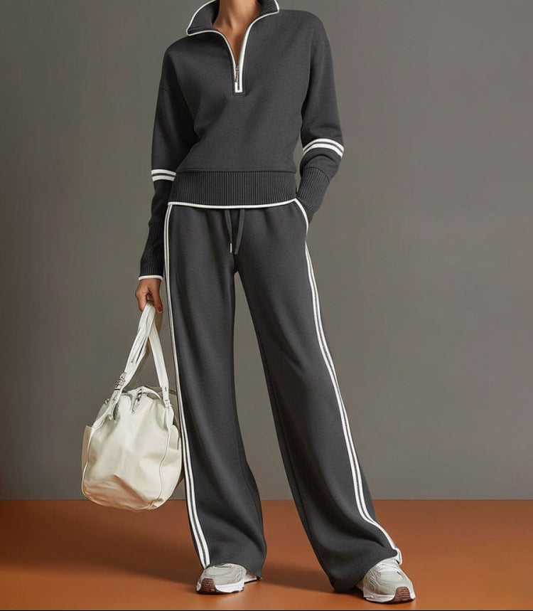 Women's Half-zip Lounge Set With Soft Stretch Fabric And Wide Legs – A Comfortable Travel Set For Everyday Wear, Relaxation, And Leisure
