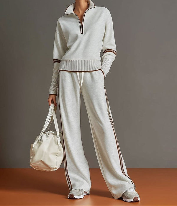 Women's Half-zip Lounge Set With Soft Stretch Fabric And Wide Legs – A Comfortable Travel Set For Everyday Wear, Relaxation, And Leisure