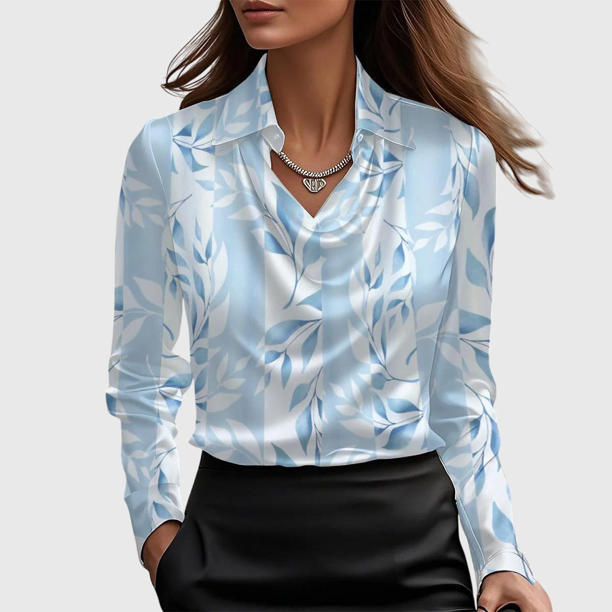 Women's Satin Blouse With A Cowl Neck, Collar, And Long Sleeves – An Elegant Blouse For The Office, Evening Wear, And Smart-casual Styles