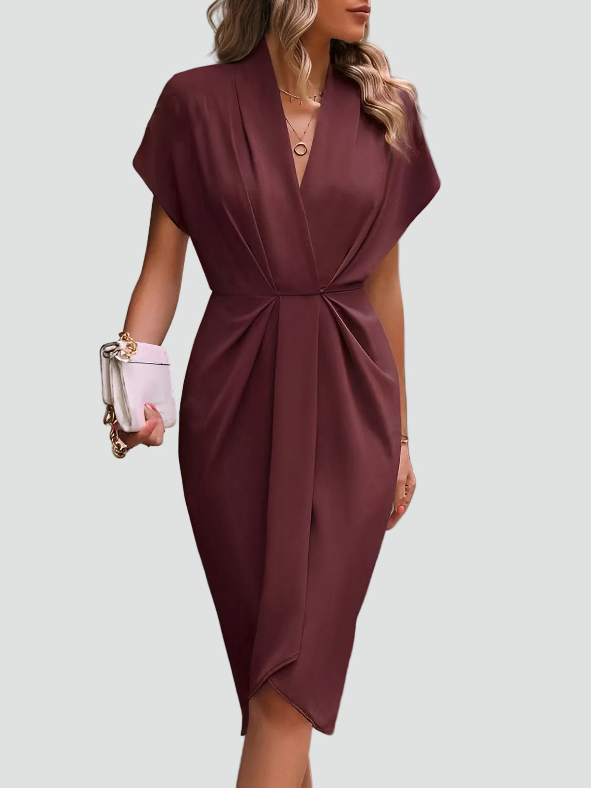 Women's Draped Midi Dress With A Deep V-neck And Slit – An Elegant Dress For Parties, Evening Wear, And Special Occasions