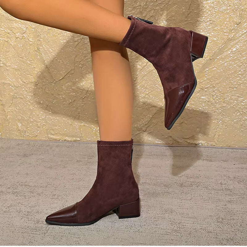 Women's Ankle Boots With A Pointed Toe, Patent Leather Details, And A Block Heel – Elegant Boots For Fall, Winter, The Office, And Special Occasions