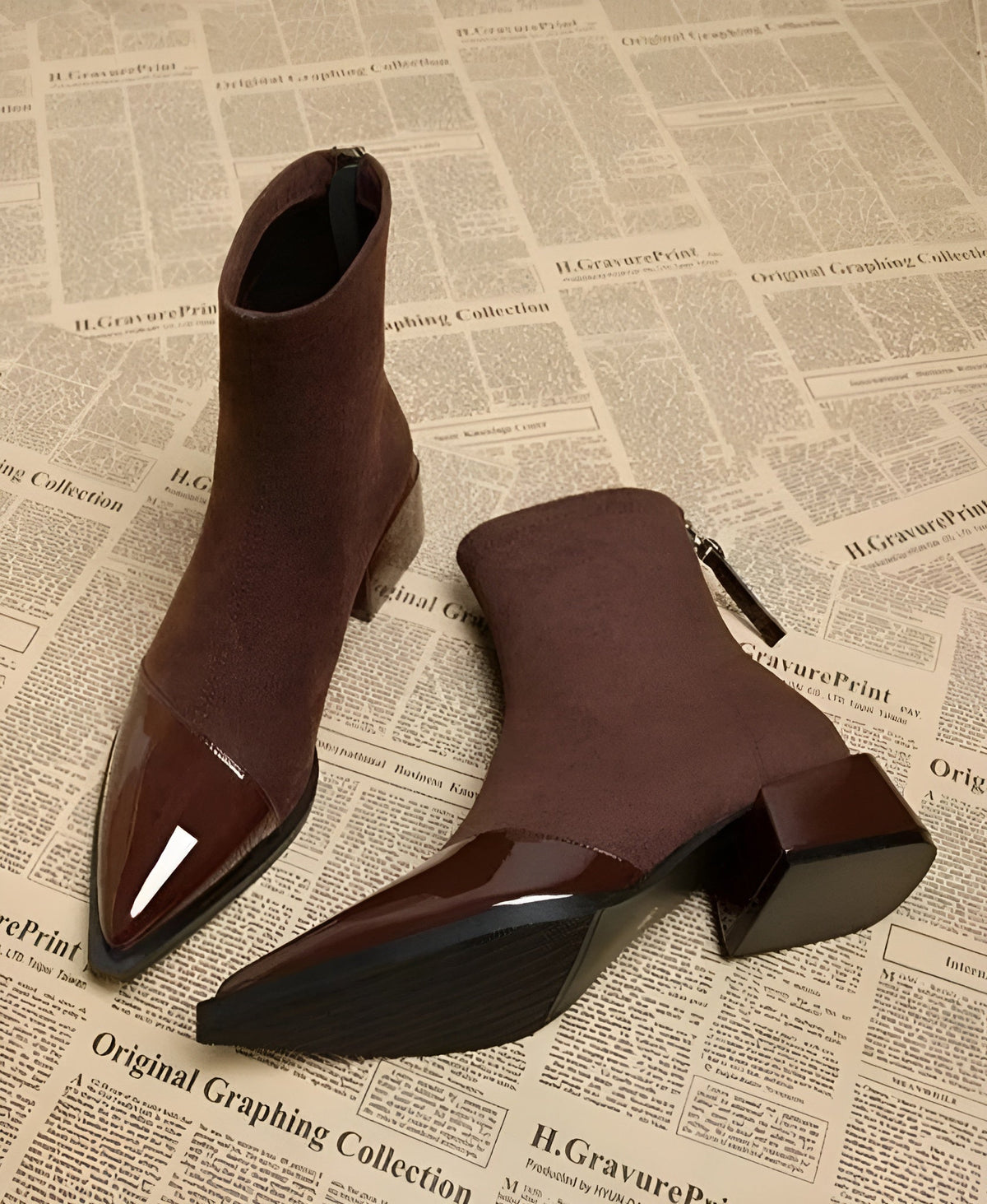 Women's Ankle Boots With A Pointed Toe, Patent Leather Details, And A Block Heel – Elegant Boots For Fall, Winter, The Office, And Special Occasions