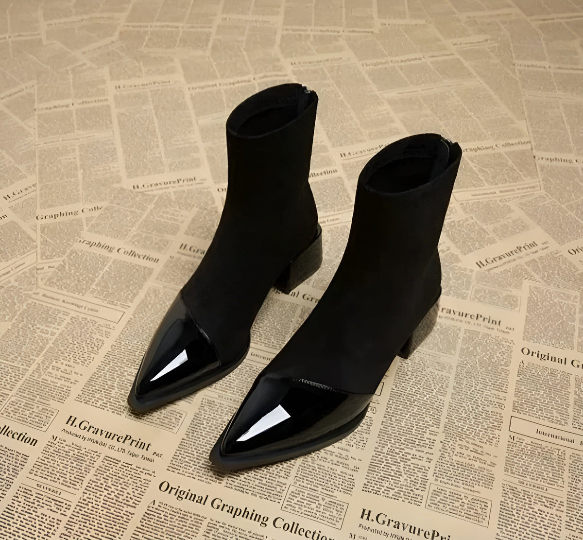 Women's Ankle Boots With A Pointed Toe, Patent Leather Details, And A Block Heel – Elegant Boots For Fall, Winter, The Office, And Special Occasions