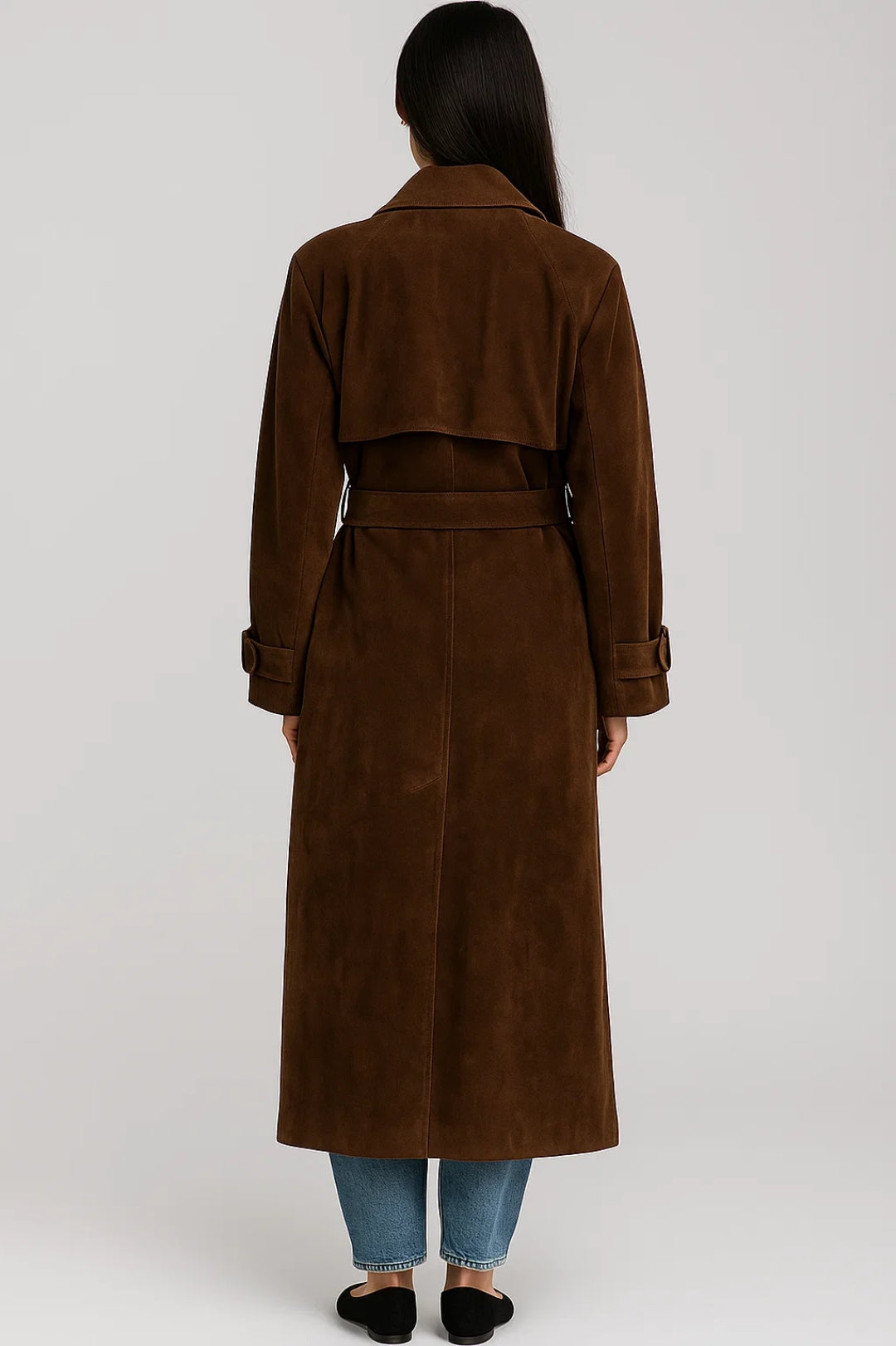 Gemma - Long Trench Coat in Elegant Suede Effect
