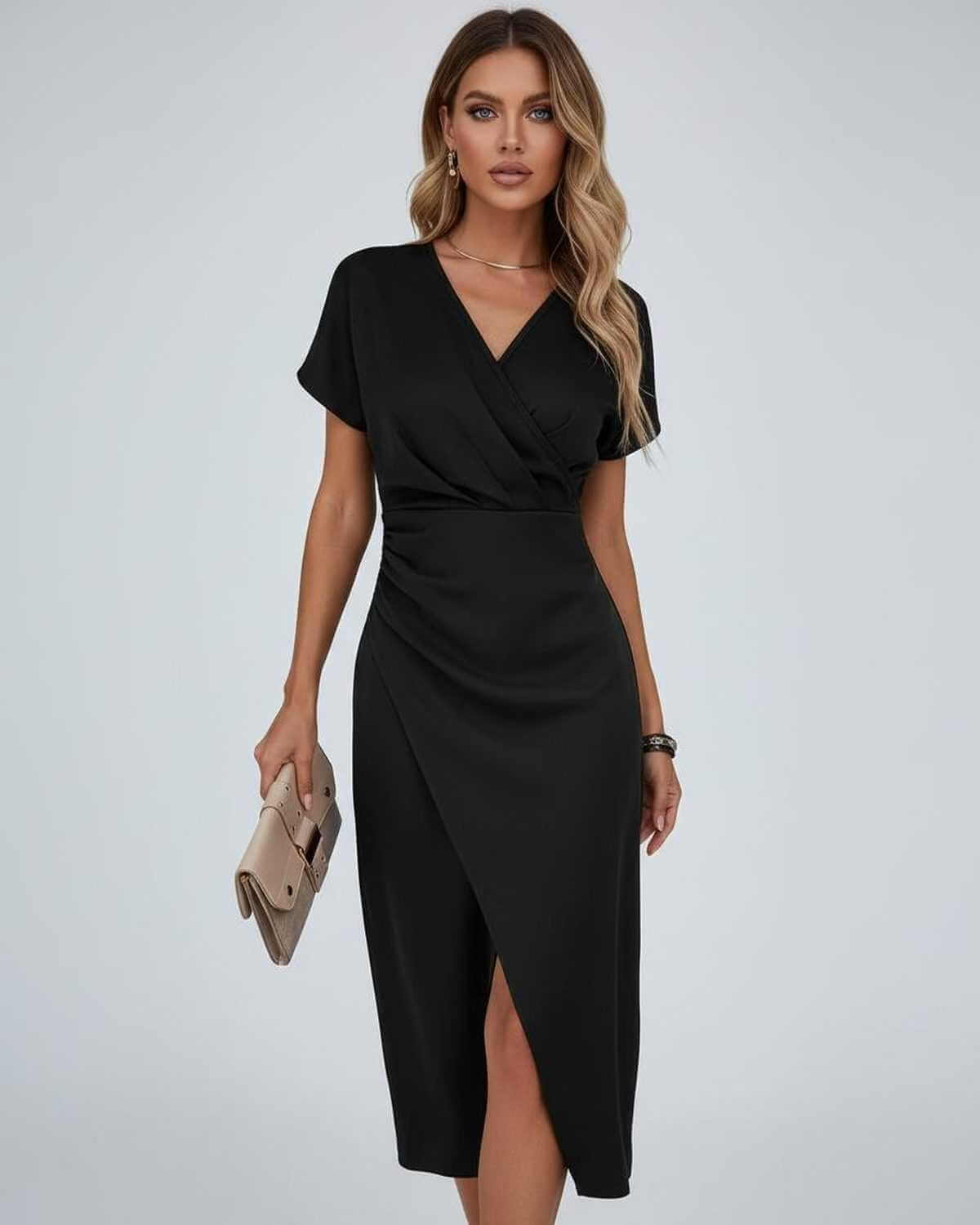 Women's Wrap MIDI Dress - Draped Waist And Split Hem For Elegant Occasion Wear