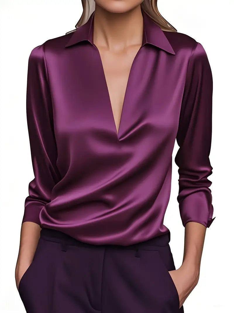 Women's Satin Blouse With A V-neck And Draped Collar – An Elegant Blouse For The Office, Parties, Evening Wear, And Smart-casual Styles