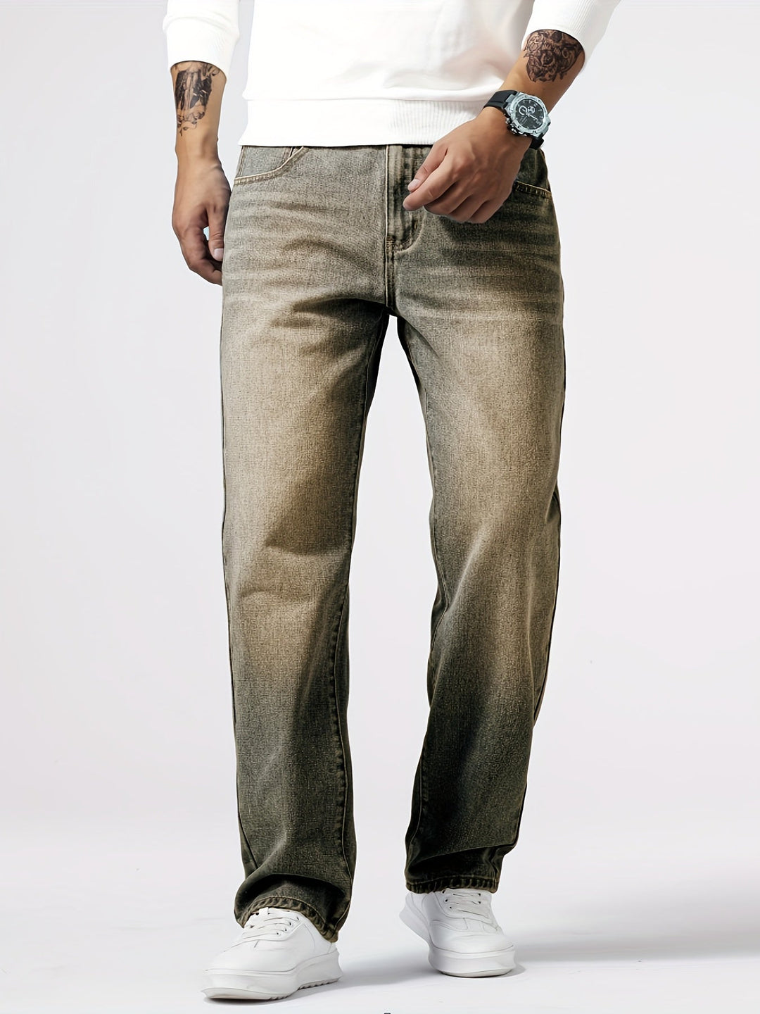 Men's Straight-leg Denim Jeans With A Washed Look – Classic Everyday Jeans For Leisure, Everyday Wear, And Casual Style