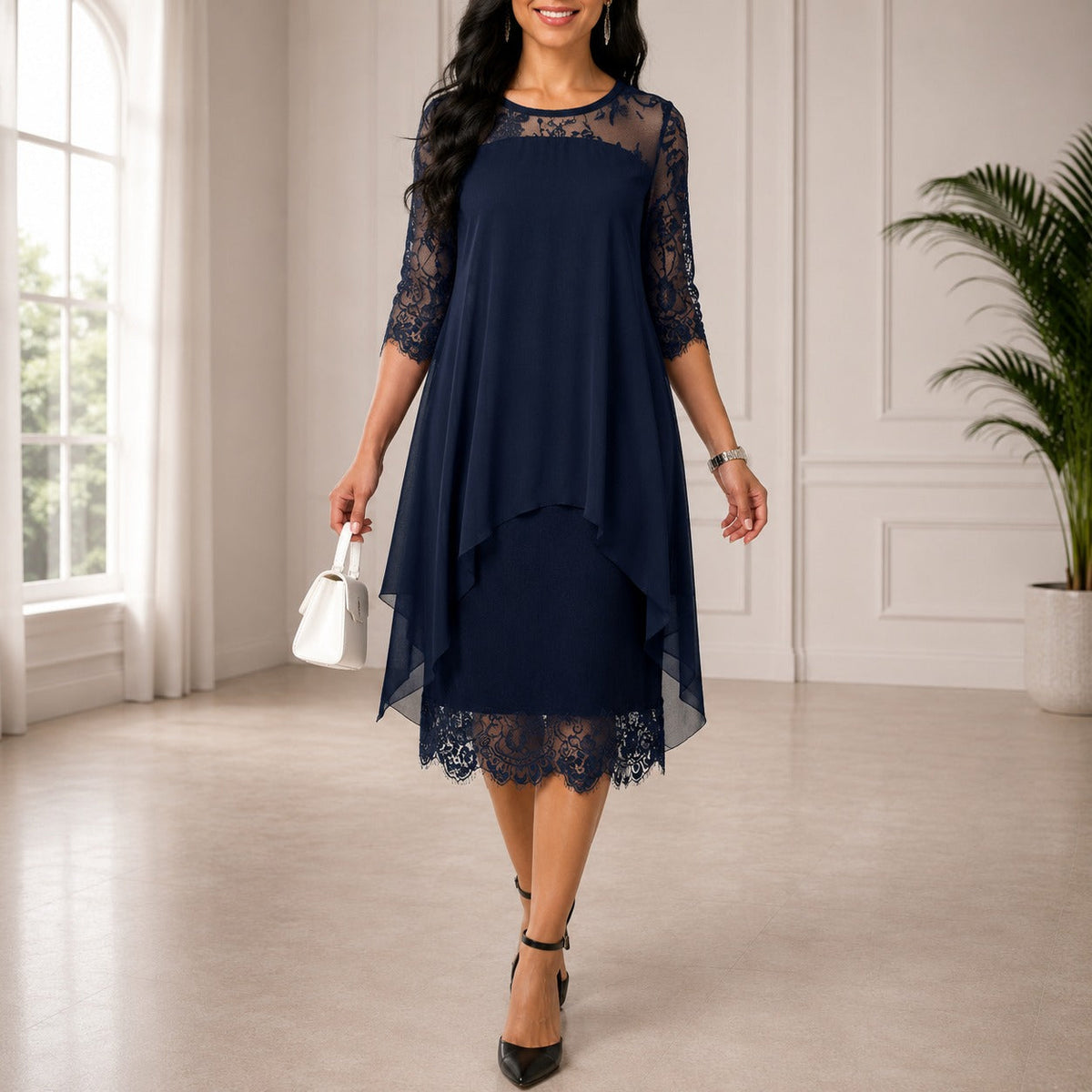 Women's Chiffon Midi Dress With Layered Lace Detailing – An Elegant Dress For Parties, Evening Wear, And Special Occasions